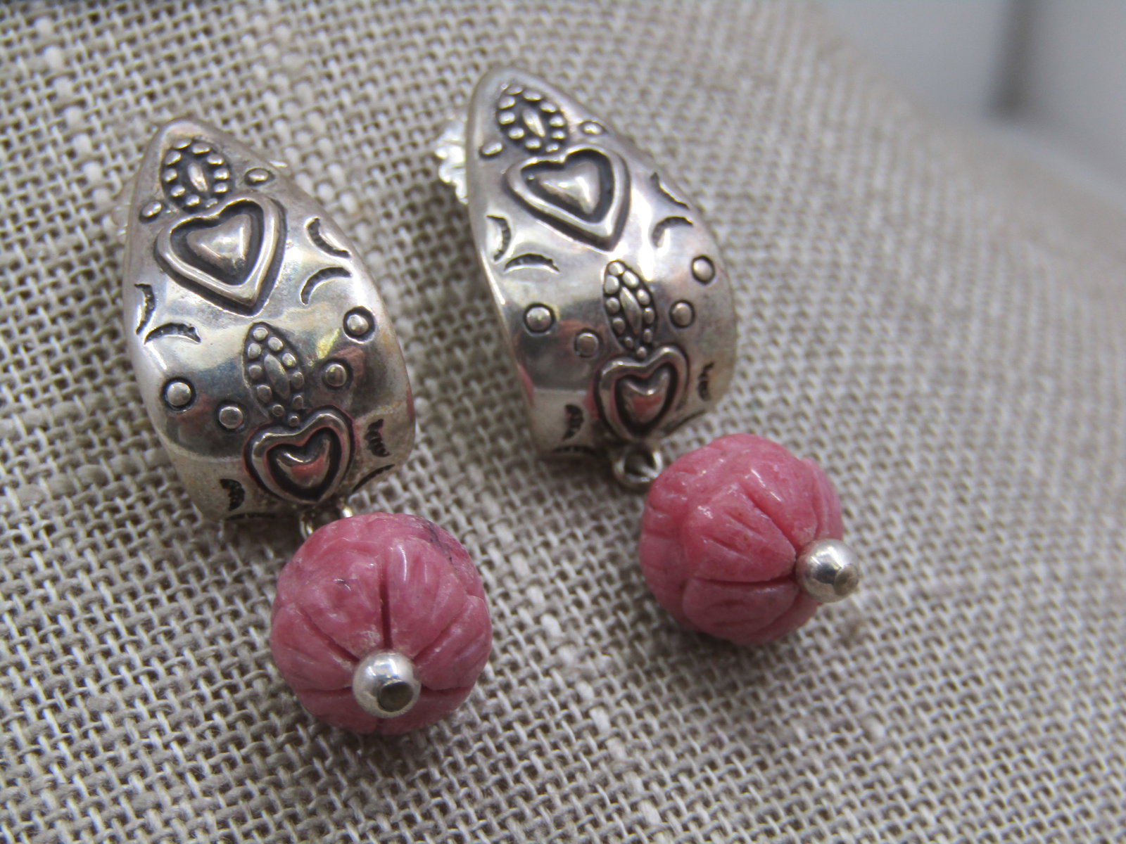 Vintage Sterling Southestern Rhodonite Drop Earrings, Carolyn Pollack Relios 1.5" - 2