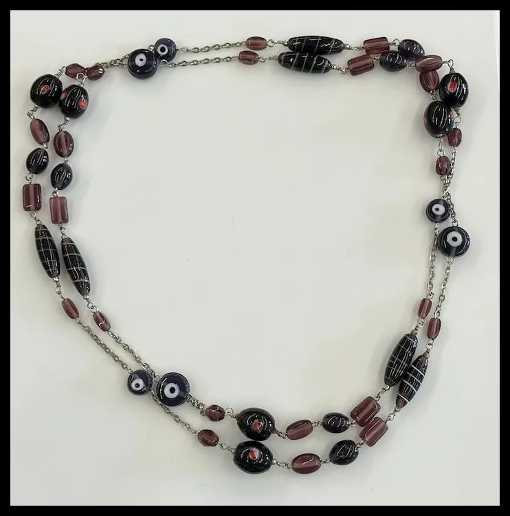 Vintage Glass Beaded Long Silver Tone Statement Necklace - 2