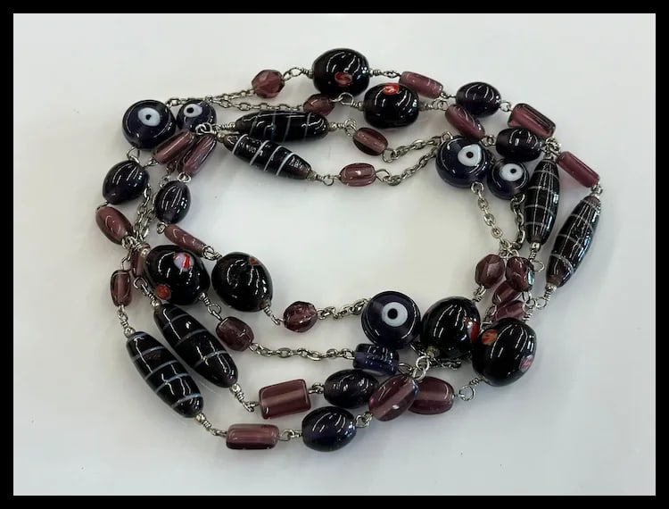 Vintage Glass Beaded Long Silver Tone Statement Necklace - 3