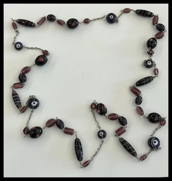Vintage Glass Beaded Long Silver Tone Statement Necklace - 4