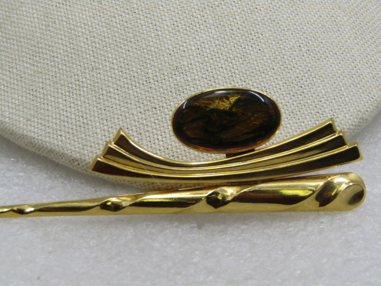 Vintage Gold Tone Brooch, Foiled Amber Stone, 3.25" - 5