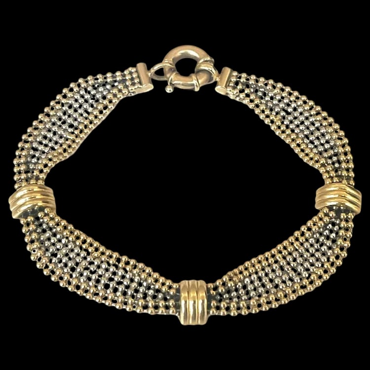 Italian 14k Yellow and White Gold Caviar Bracelet: Title: Italian 14k Yellow and White Gold Caviar Bracelet Description: Italian 14k Yellow and White Gold Caviar Bracelet Hallmarked: 14k Italy Weighs 15 grams Measures 8 inches length Reserve: