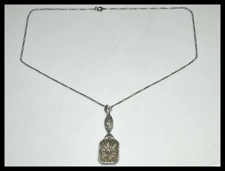 Vintage 14k White Gold Filigree Diamond and Natural Rock Crystal Quartz Necklace - 2