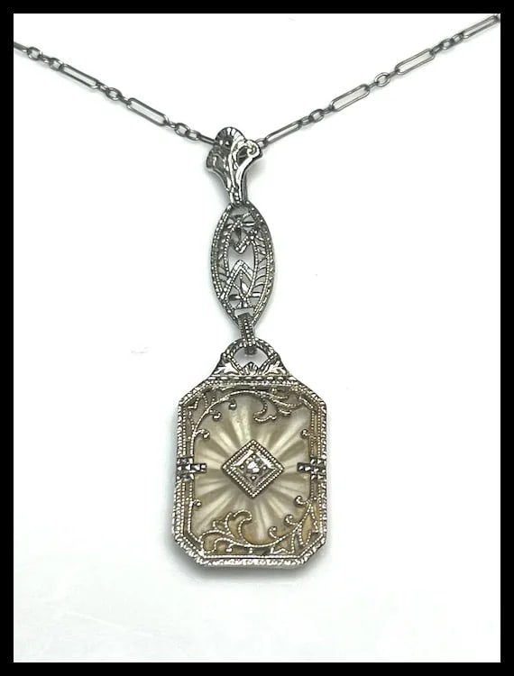 Vintage 14k White Gold Filigree Diamond and Natural Rock Crystal Quartz Necklace - 3