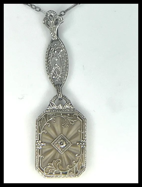 Vintage 14k White Gold Filigree Diamond and Natural Rock Crystal Quartz Necklace - 4