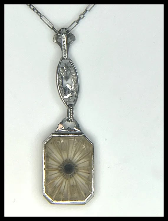 Vintage 14k White Gold Filigree Diamond and Natural Rock Crystal Quartz Necklace - 5