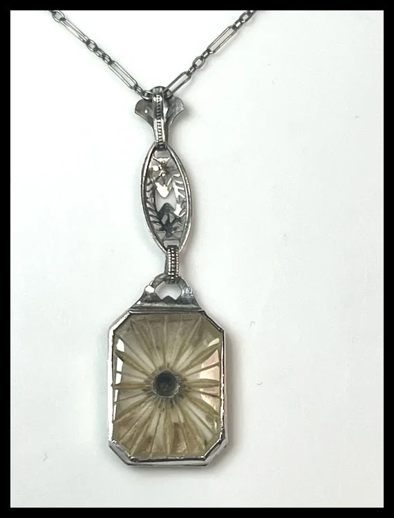 Vintage 14k White Gold Filigree Diamond and Natural Rock Crystal Quartz Necklace - 6