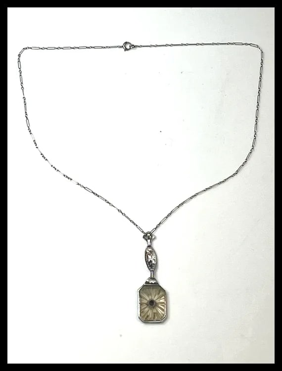 Vintage 14k White Gold Filigree Diamond and Natural Rock Crystal Quartz Necklace - 7