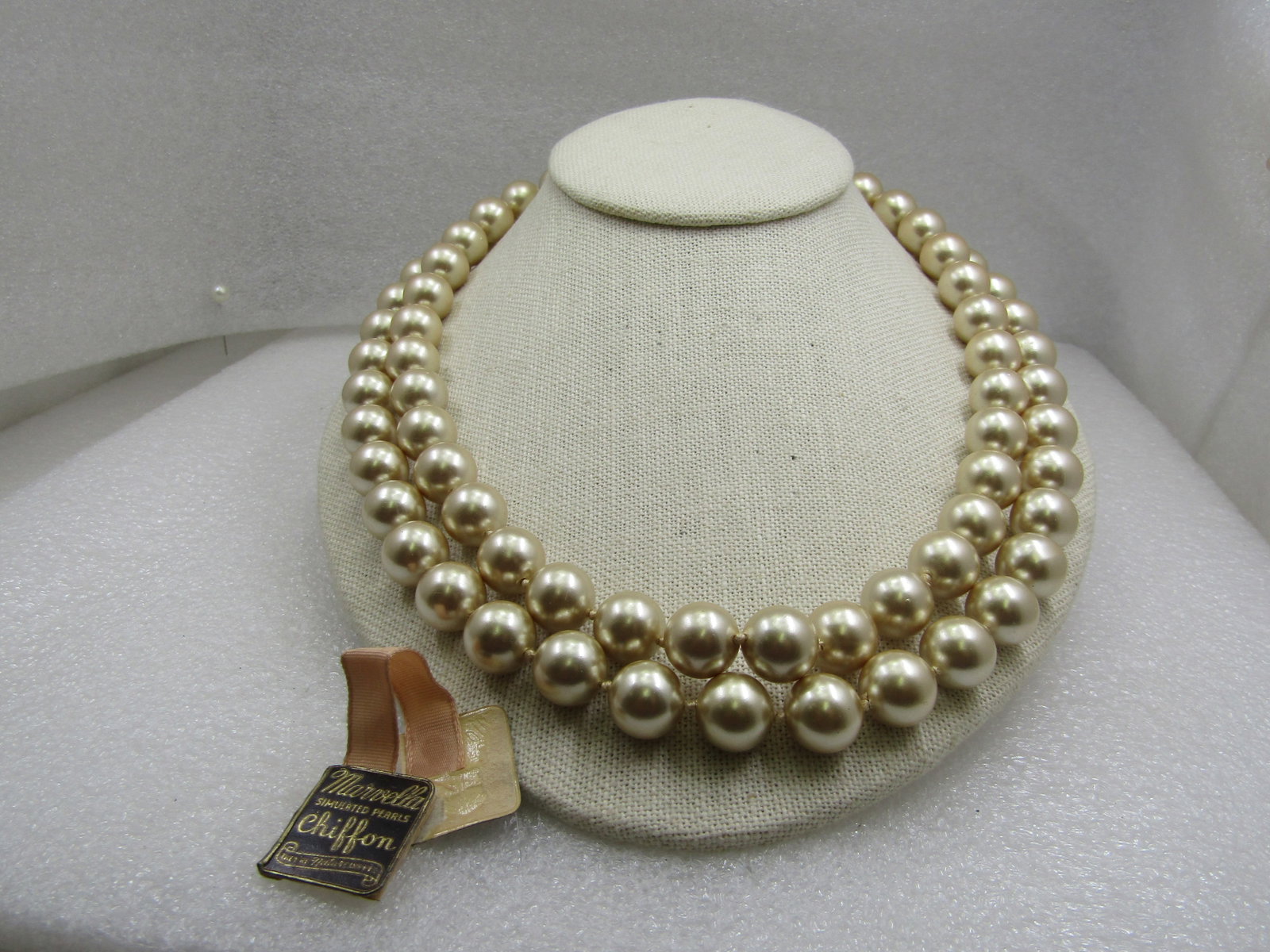 Vintage Czech 12mm Double Strand Faux Pearl Necklace, 1920's-1930's.: Vintage Czech 12mm Double Strand Faux Pearl Necklace, 1920's-1930's. They are knotted between with an art deco brassy gold tone clasp. They are 20" long - would be longer but two pearls are missing on