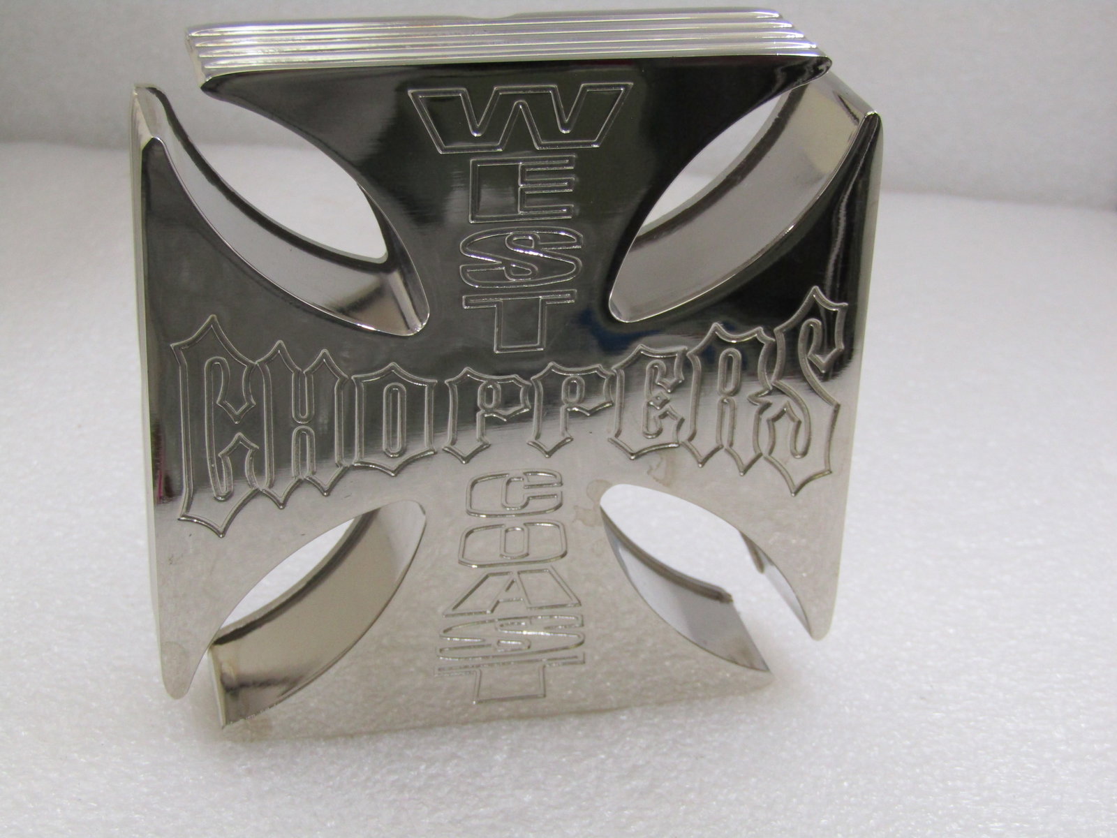 West Coast Choppers Iron Cross Insignia 4" Square Metal Ashtray or Wall Hanging: West Coast Choppers Iron Cross Insignia 4" Square Metal Ashtray or Wall Hanging. 1" thick with recessed lettering on top and enameled and raised on the underside. Could also be one thick coaster. I've