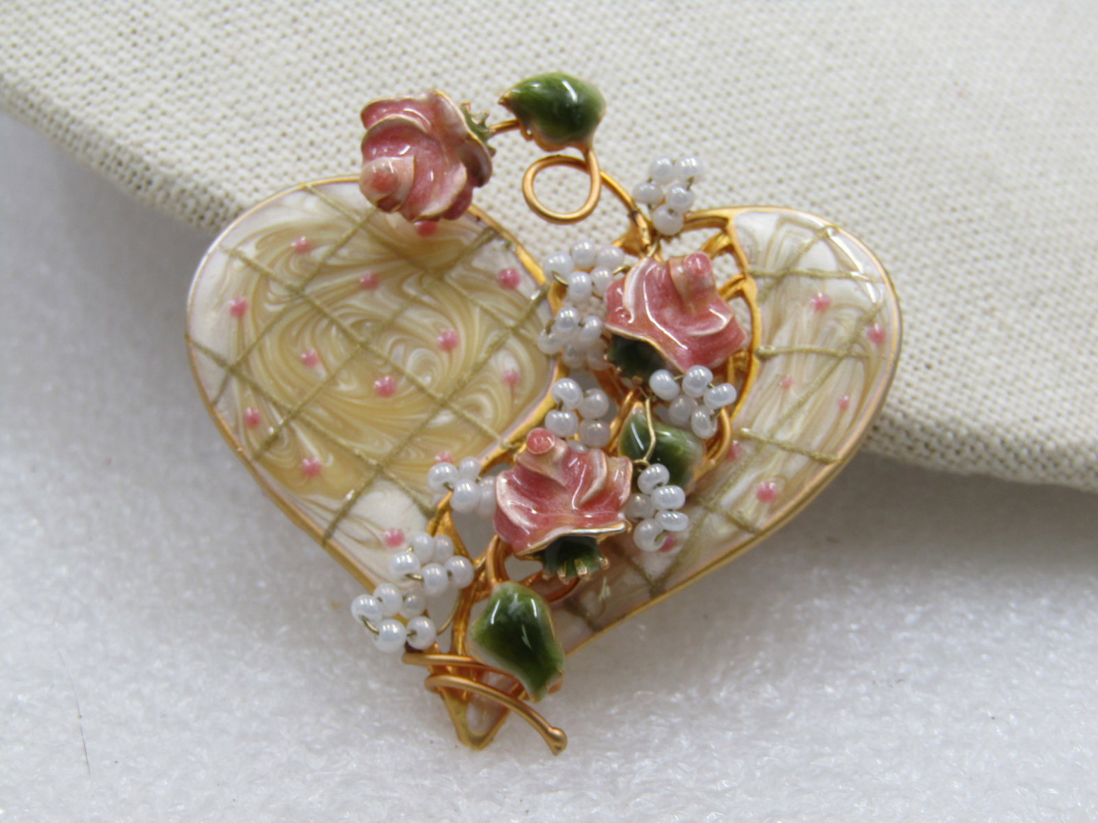 Vintage Enameled Heart Brooch with Trailing Roses & Faux Pearls - 2
