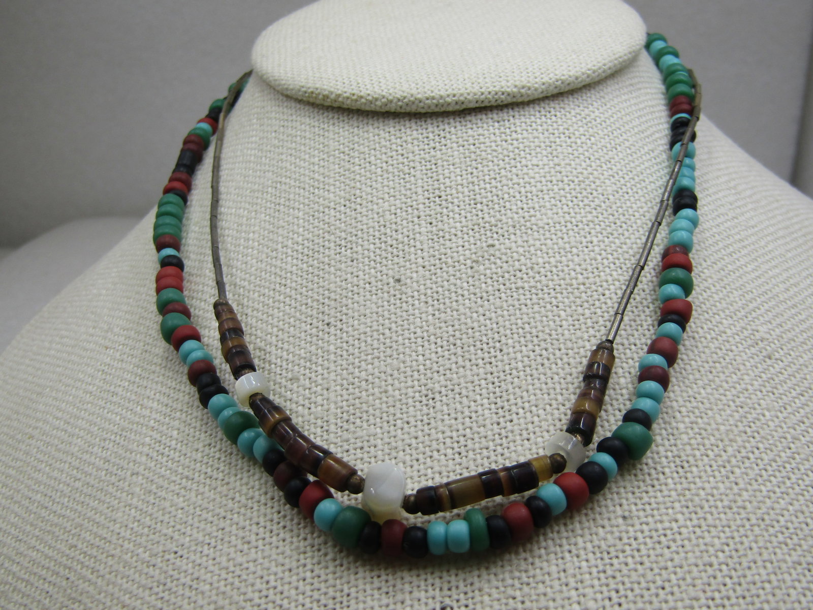 Vintage Sterling & Beaded Southwestern Pair of Necklaces , 15": 3mm wide with a center mother-of-pearl nugget that is appx 8mm long and 5mm thick with a smaller appx. 4mm to 4.5mm mother-of-pearl on each side of the center. Barrell clasp. The clasp is also not