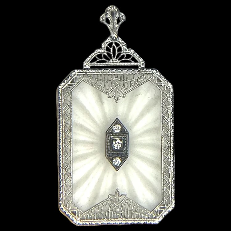 Vintage 10k Gold Exquisite Filigree Pendant with Diamond and Etched Crystal Cut Background (1 of 9)