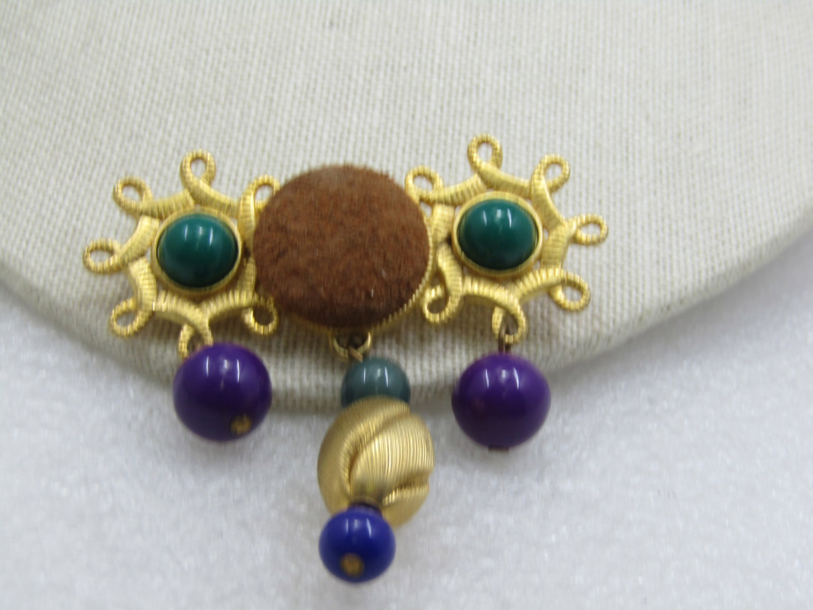Vintage Bar Brooch with Dangle Beads & Suede Accent, 1980's-1990's - 3