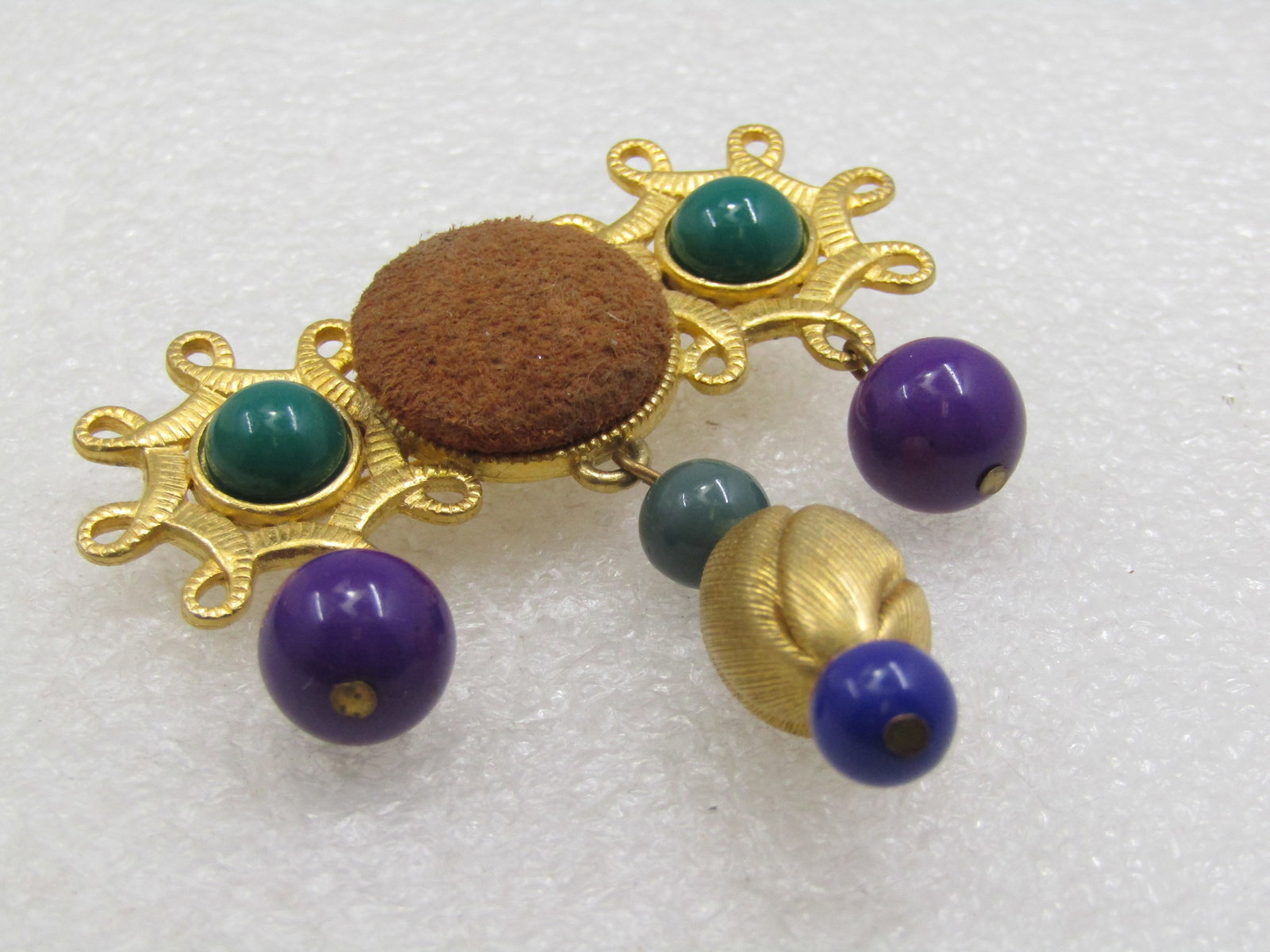 Vintage Bar Brooch with Dangle Beads & Suede Accent, 1980's-1990's - 4