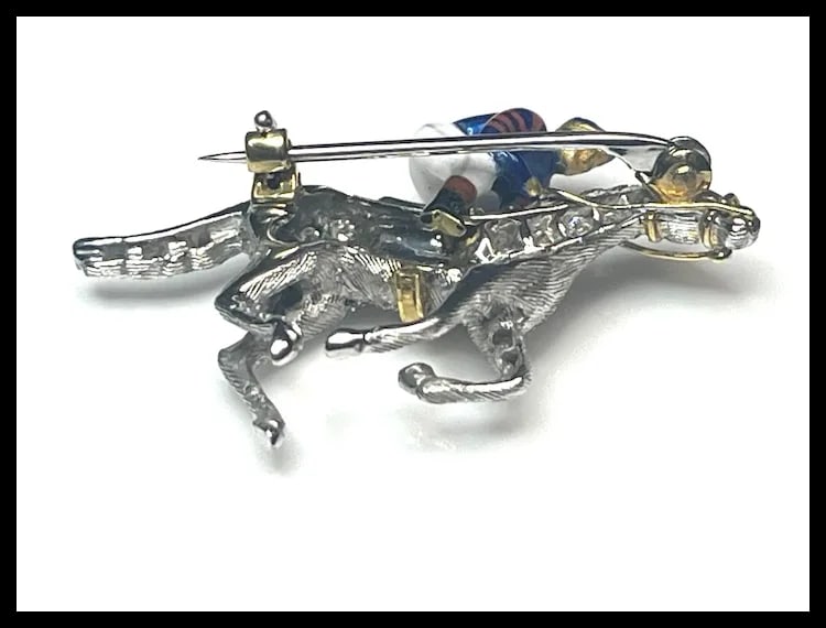 Stunning Estate 18k Gold and Diamond Horse with Enamel Jockey Brooch/ Pin - 10