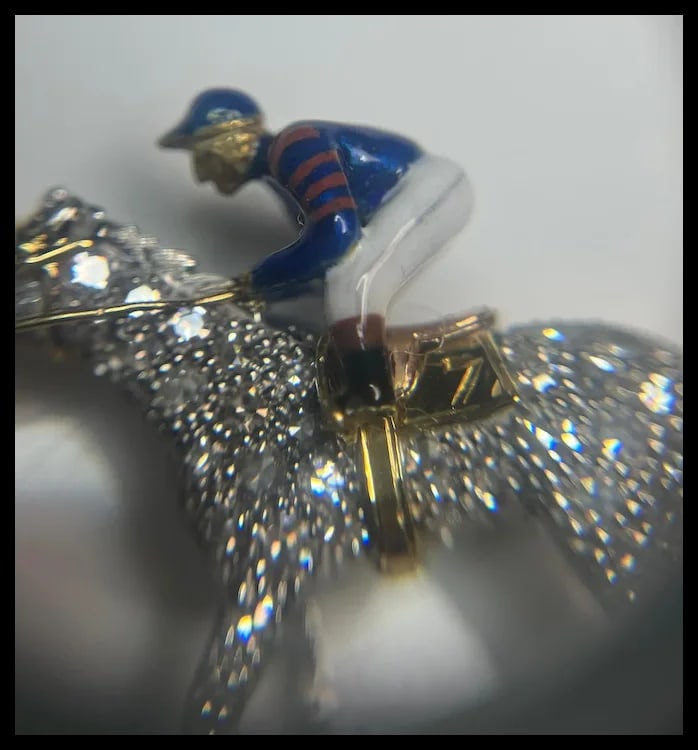 Stunning Estate 18k Gold and Diamond Horse with Enamel Jockey Brooch/ Pin - 11