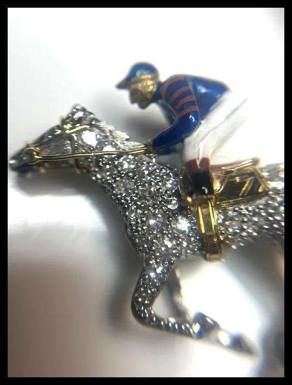 Stunning Estate 18k Gold and Diamond Horse with Enamel Jockey Brooch/ Pin - 12
