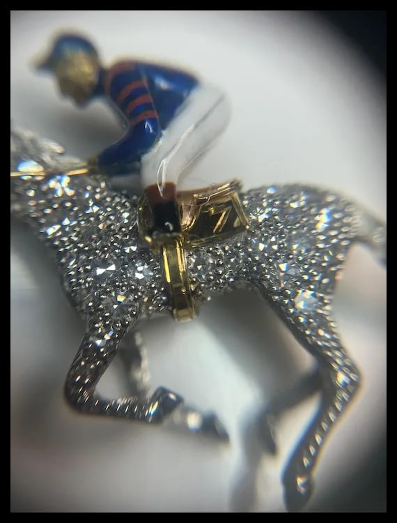 Stunning Estate 18k Gold and Diamond Horse with Enamel Jockey Brooch/ Pin - 13