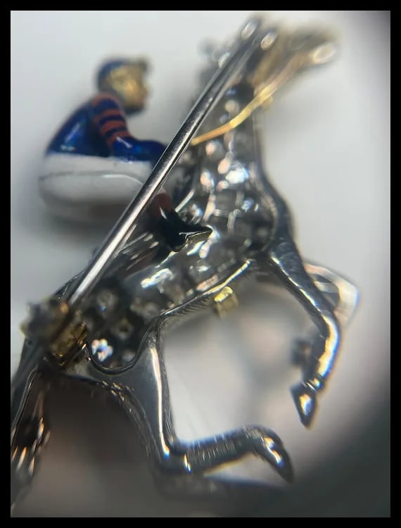 Stunning Estate 18k Gold and Diamond Horse with Enamel Jockey Brooch/ Pin - 15