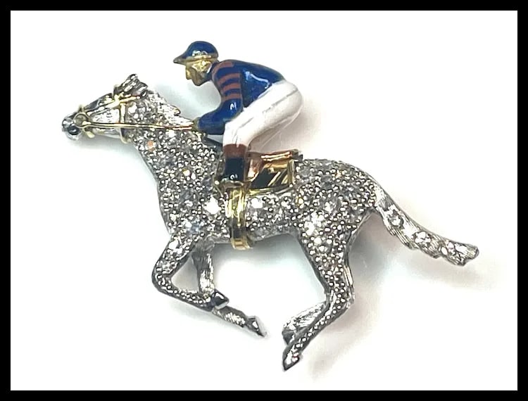 Stunning Estate 18k Gold and Diamond Horse with Enamel Jockey Brooch/ Pin - 2