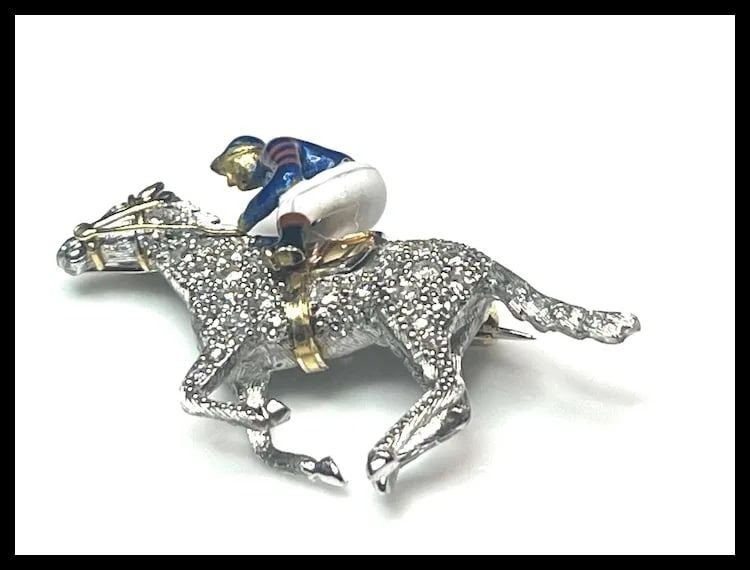 Stunning Estate 18k Gold and Diamond Horse with Enamel Jockey Brooch/ Pin - 3