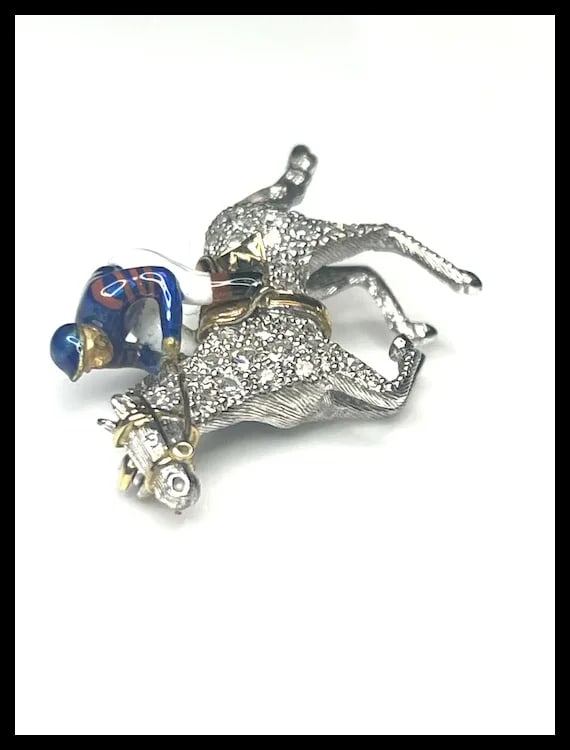 Stunning Estate 18k Gold and Diamond Horse with Enamel Jockey Brooch/ Pin - 5