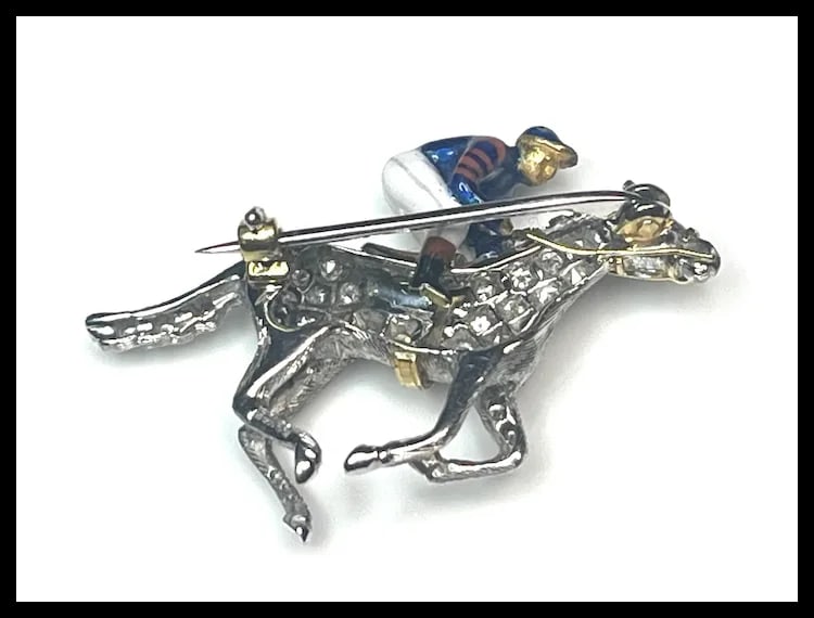 Stunning Estate 18k Gold and Diamond Horse with Enamel Jockey Brooch/ Pin - 9