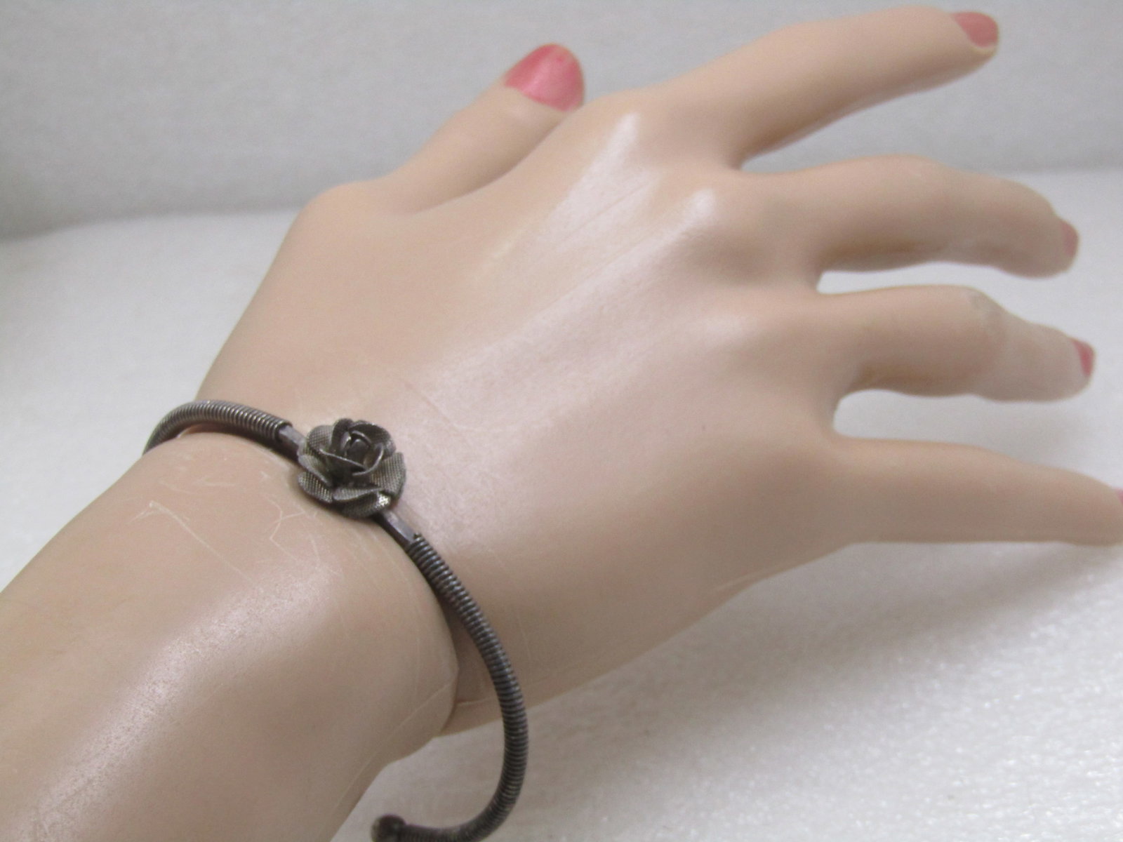 Vintage Silver Tone Rose Blossom Cuff Bracelet 6" - 5
