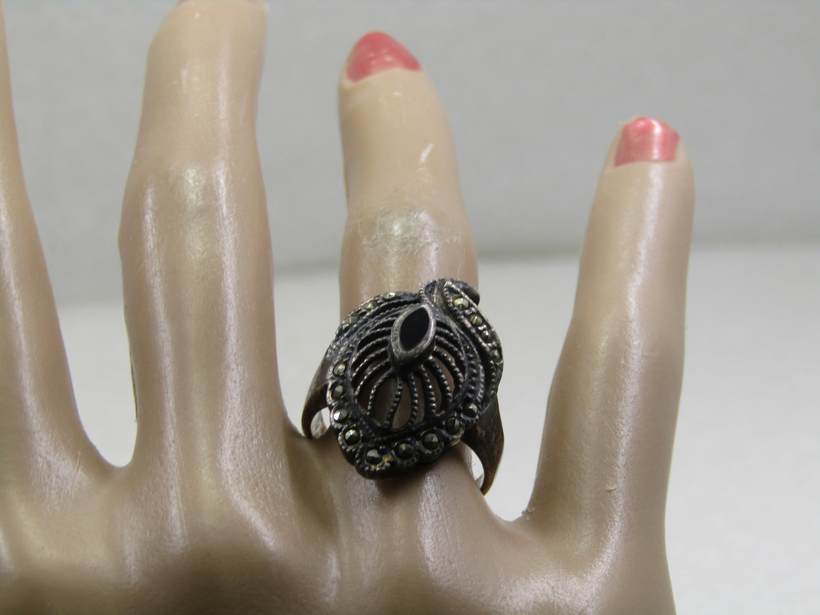 Vintage Sterling Onyx Leaf Marcasite Ring, Sz. 7.75 - 8