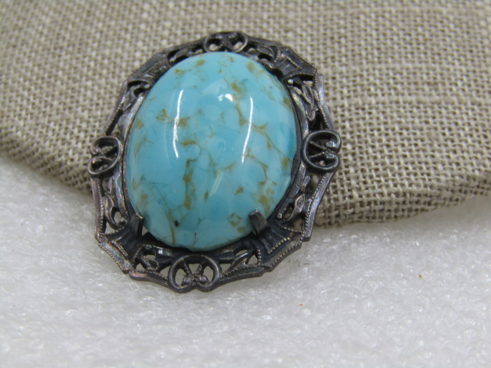 Vintage Sterling Turquoise Czech Glass Filigree Brooch, 1930's - 2