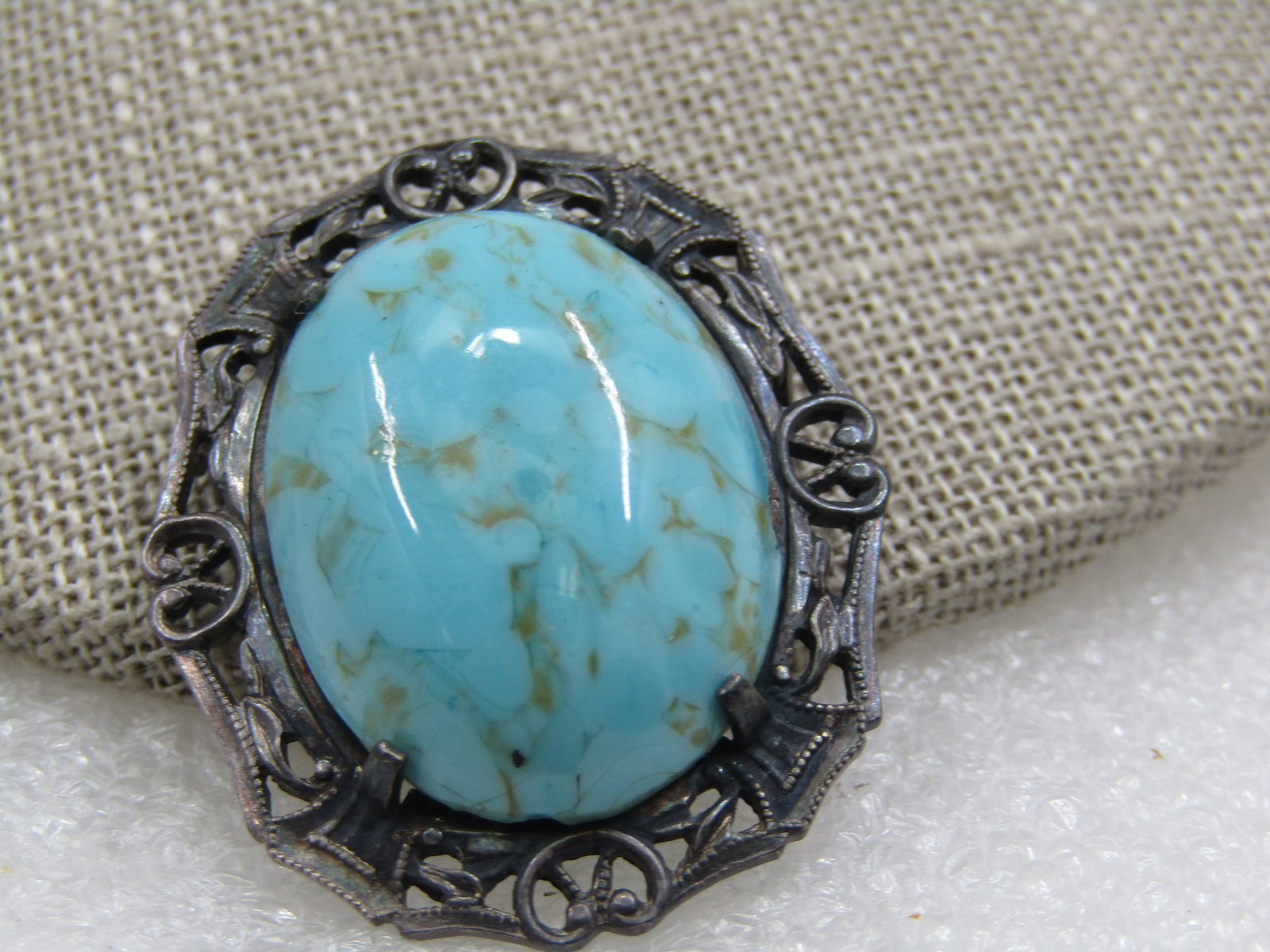 Vintage Sterling Turquoise Czech Glass Filigree Brooch, 1930's - 3