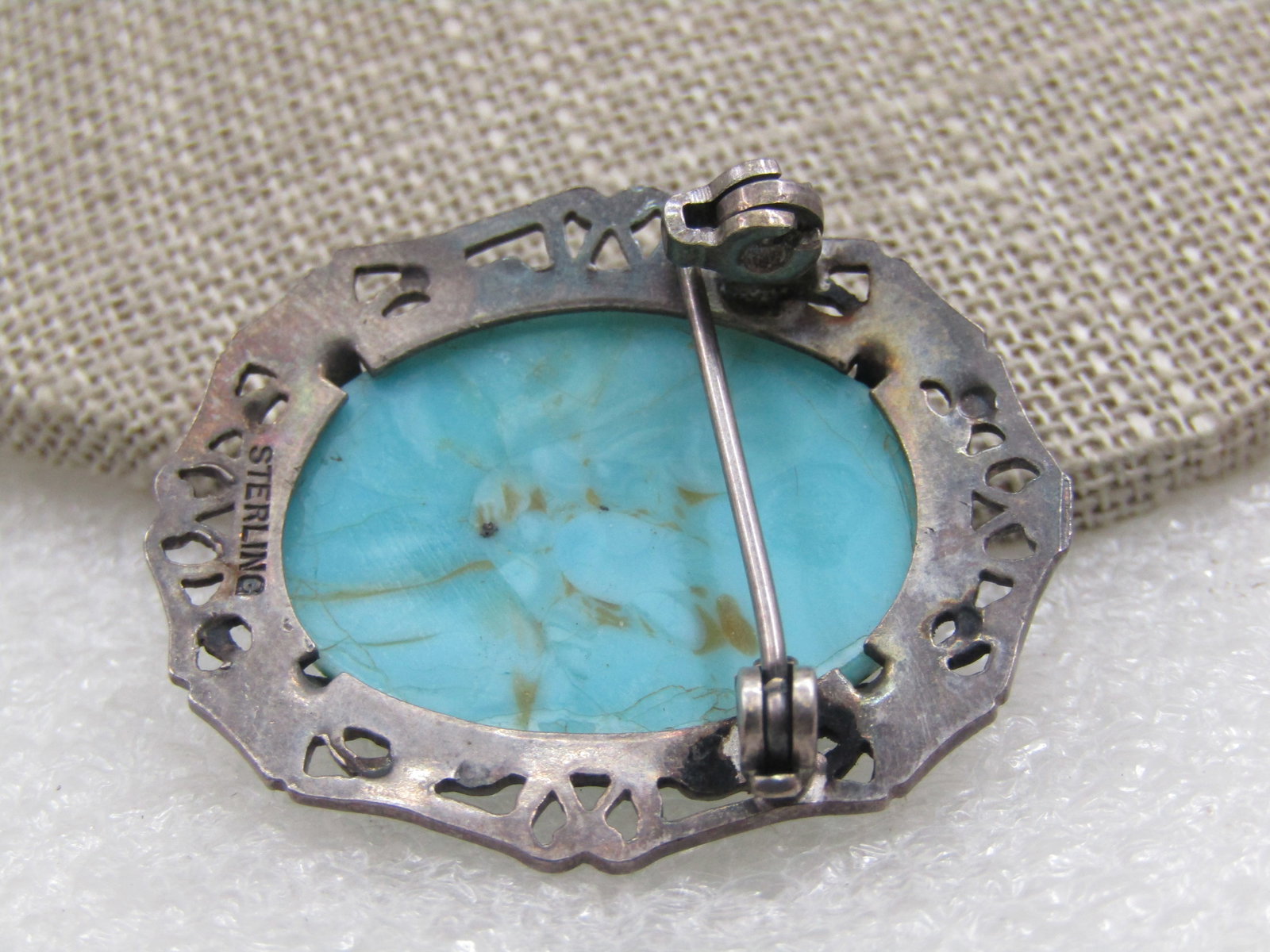 Vintage Sterling Turquoise Czech Glass Filigree Brooch, 1930's - 5