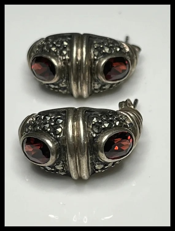 Estate Sterling Silver Marcasite and Garnet Earrings - 2