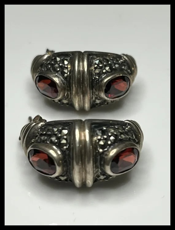 Estate Sterling Silver Marcasite and Garnet Earrings - 3