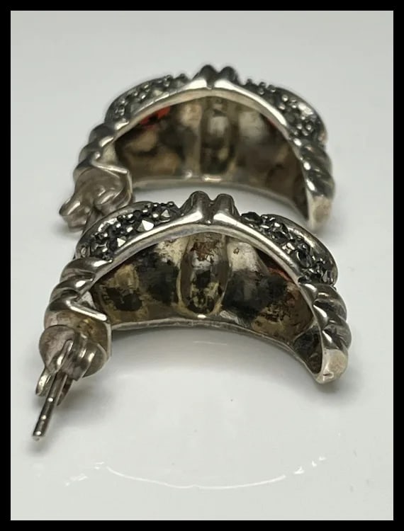 Estate Sterling Silver Marcasite and Garnet Earrings - 5