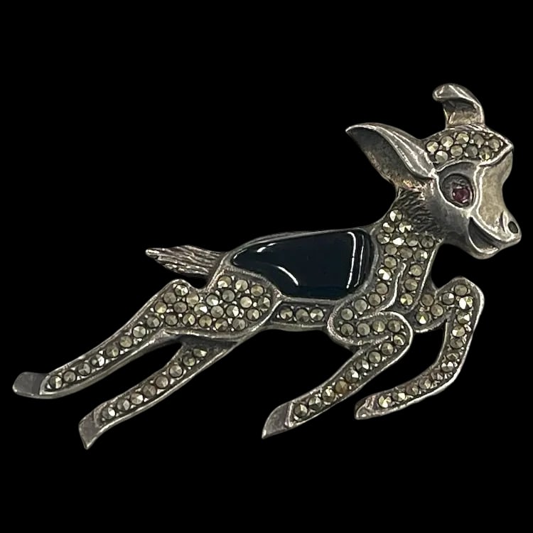 Vintage Sterling Silver Marcasite Fawn Deer Pin/ Bambi Brooch with Red Rhinestone Eyes (1 of 7)