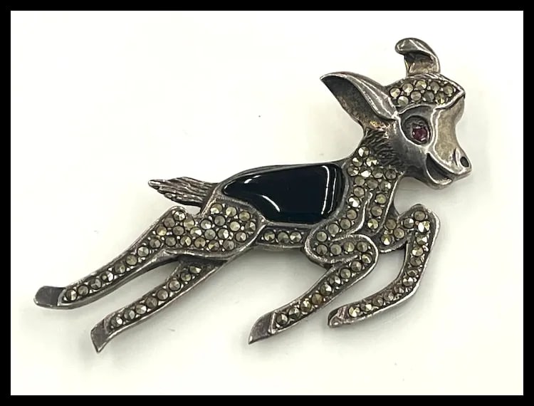 Vintage Sterling Silver Marcasite Fawn Deer Pin/ Bambi Brooch with Red Rhinestone Eyes - 2