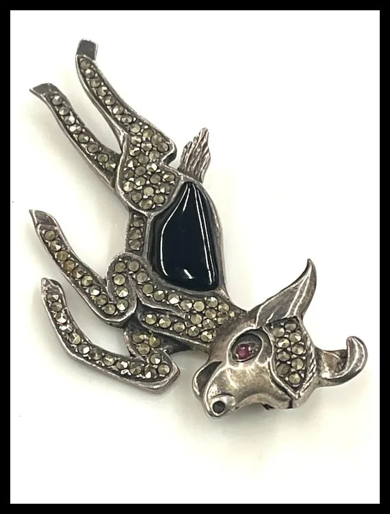 Vintage Sterling Silver Marcasite Fawn Deer Pin/ Bambi Brooch with Red Rhinestone Eyes - 3