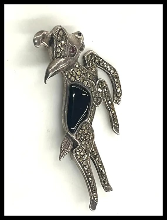 Vintage Sterling Silver Marcasite Fawn Deer Pin/ Bambi Brooch with Red Rhinestone Eyes - 4