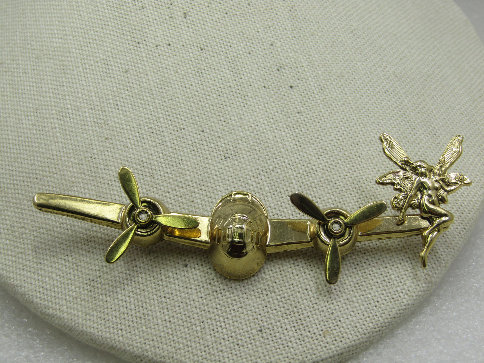Vintage Brooch, Plane Front with Moving Engine parts and a Fairy on the Wing, 3-7/8" - 3