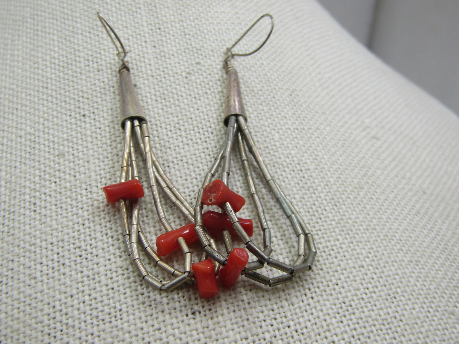 Vintage Sterling Southwestern Coral Drop Earrings, 2.75" - 2