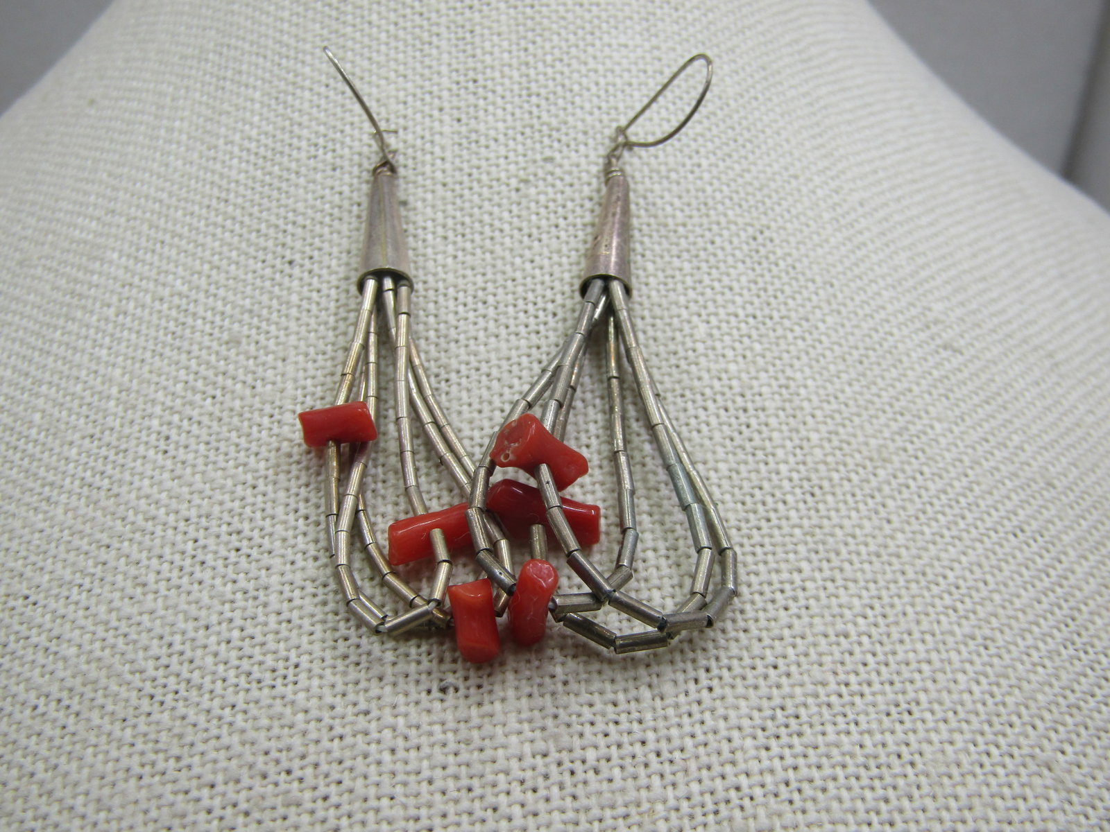 Vintage Sterling Southwestern Coral Drop Earrings, 2.75" - 3