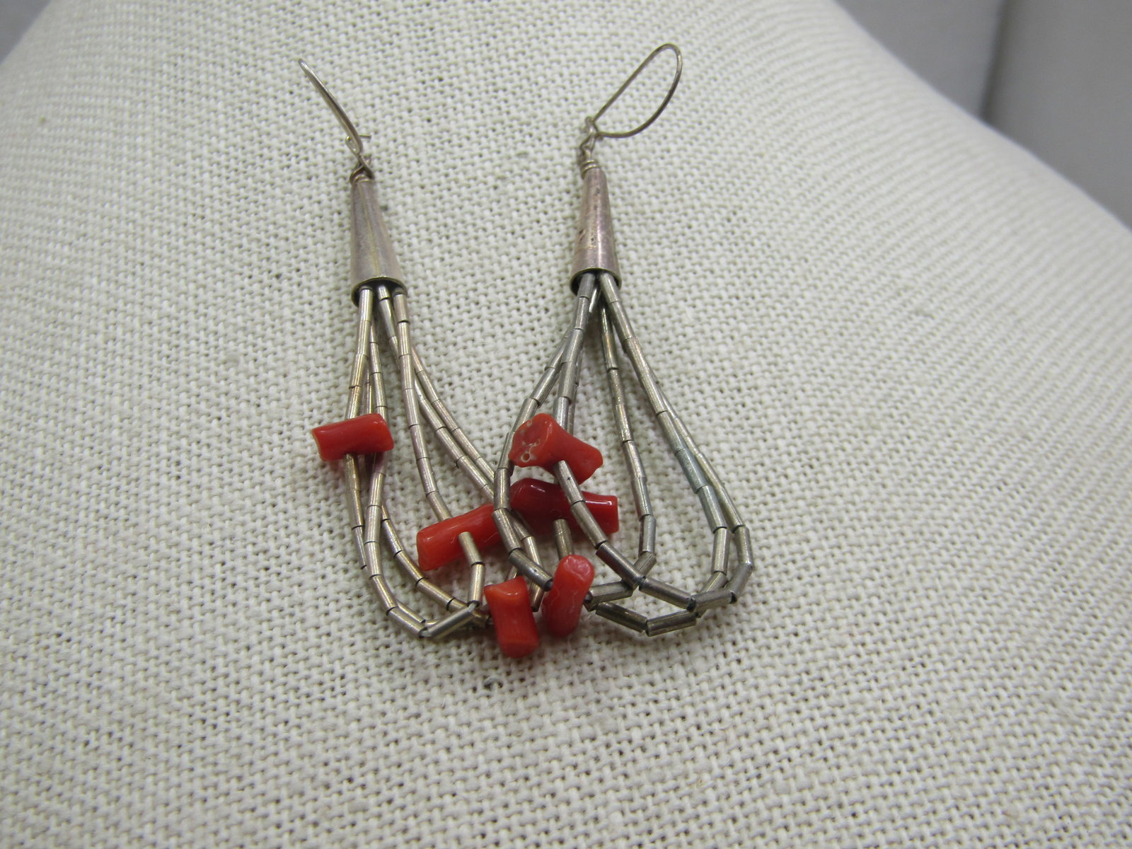 Vintage Sterling Southwestern Coral Drop Earrings, 2.75" - 4