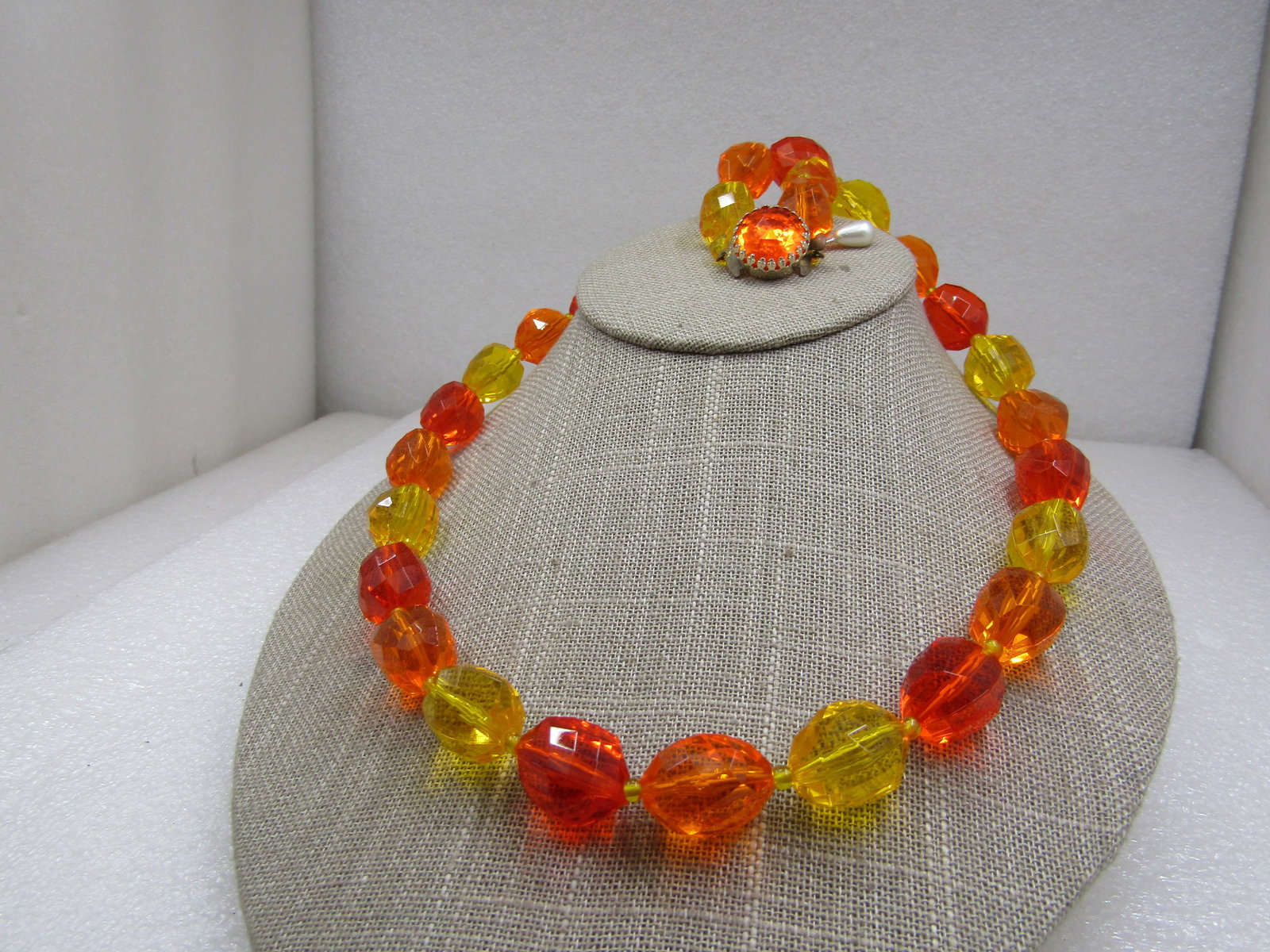 Vintage Western Germany Clear Orange & Yellow Beaded Necklace, 24" - 2
