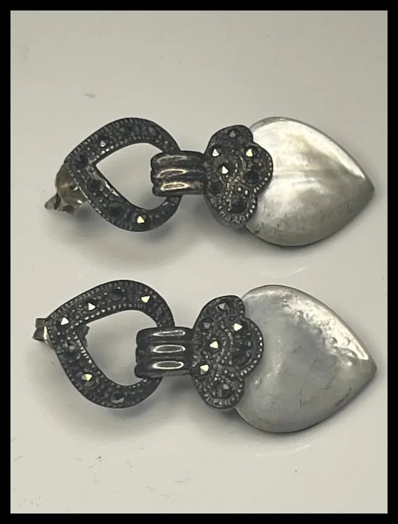 Vintage Sterling Silver Marcasite and Moonstone Heart Earrings - 2