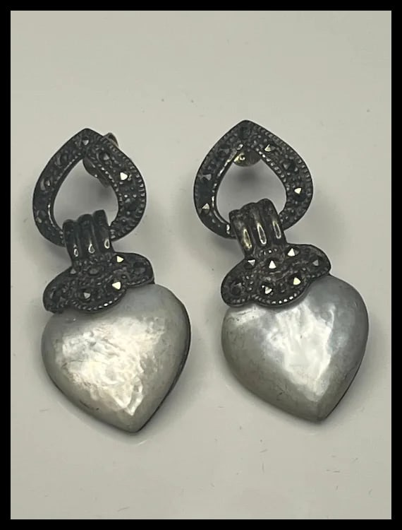 Vintage Sterling Silver Marcasite and Moonstone Heart Earrings - 3