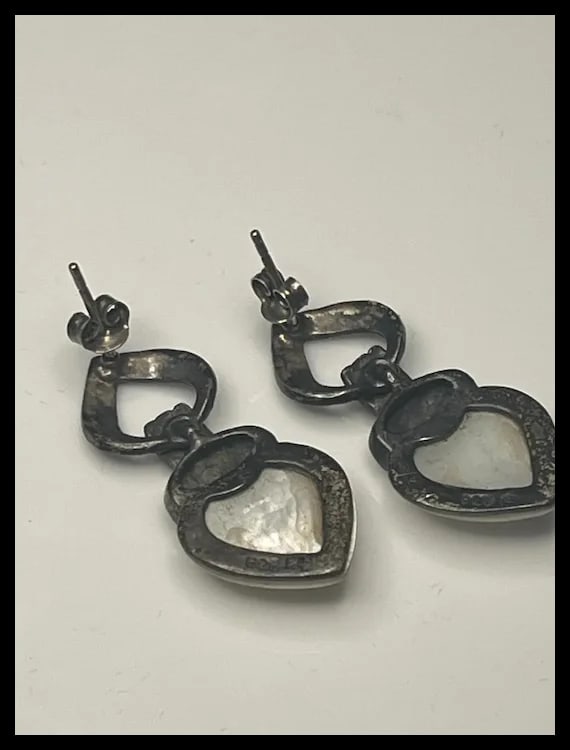 Vintage Sterling Silver Marcasite and Moonstone Heart Earrings - 4