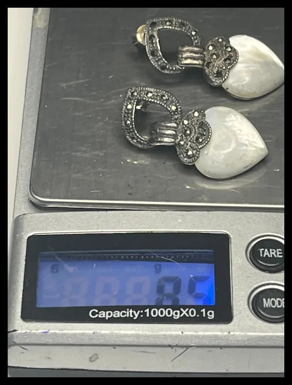 Vintage Sterling Silver Marcasite and Moonstone Heart Earrings - 6