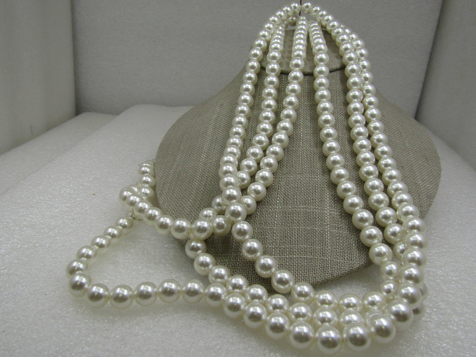 Vintage Pearl Necklace, Sterling Box Clasp. 88", 9.5mm White Faux Pearls - 2